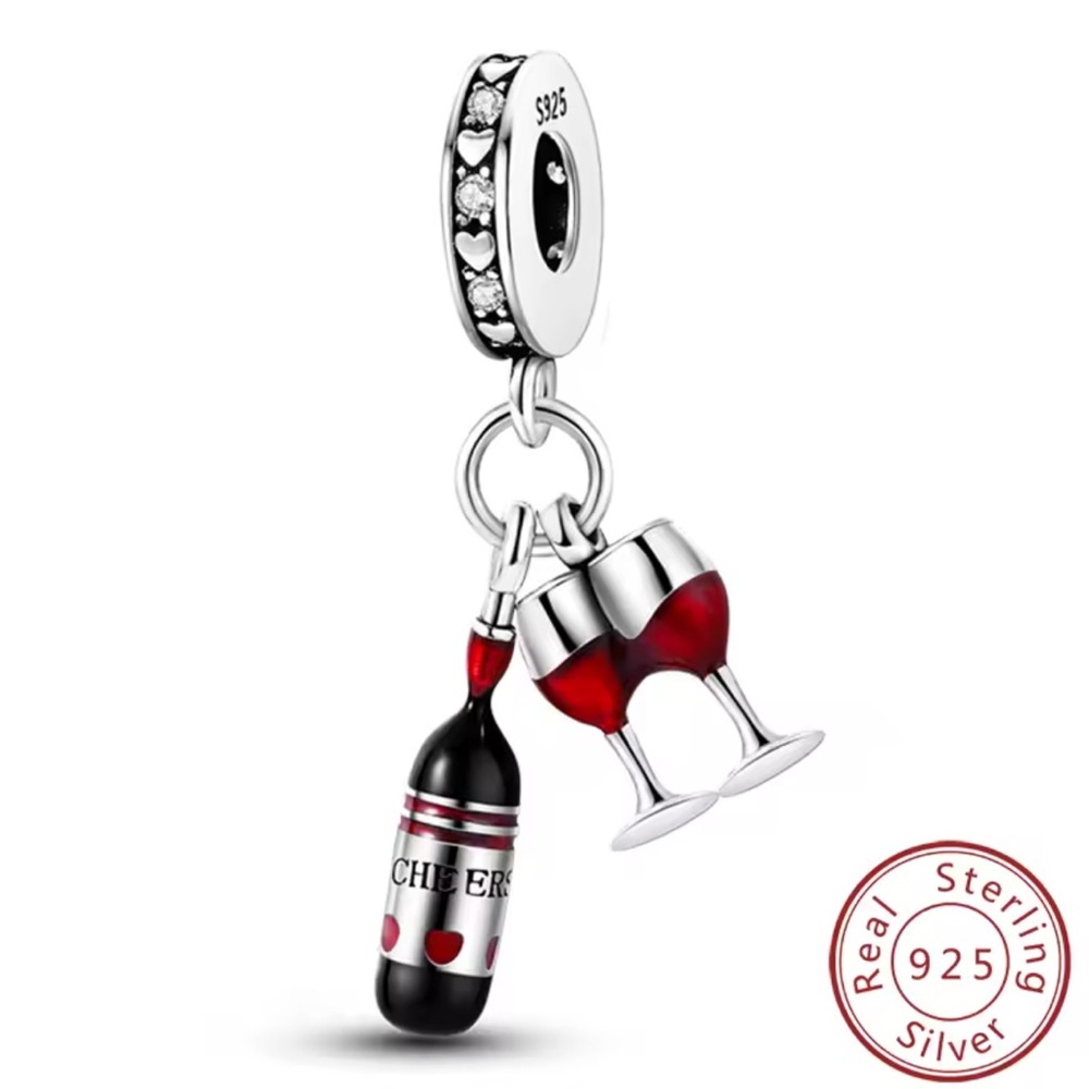 NWOT Red Wine & Glasses Dangle Charm Sterling Silver 925